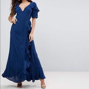 ASOS Navy Ruffle Sleeve Maxi Wrap Dress Size 6